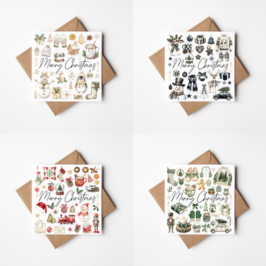 Christmas cards Festive red green beige and monochrome xmas cards - Pack of 4 with envelopes