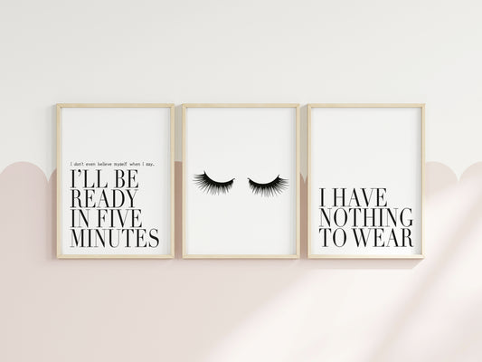 Set of 3 fashion prints, nothing to wear, eyelashes, get ready in five set of bedroom fashion dressing room unframed wall art poster prints
