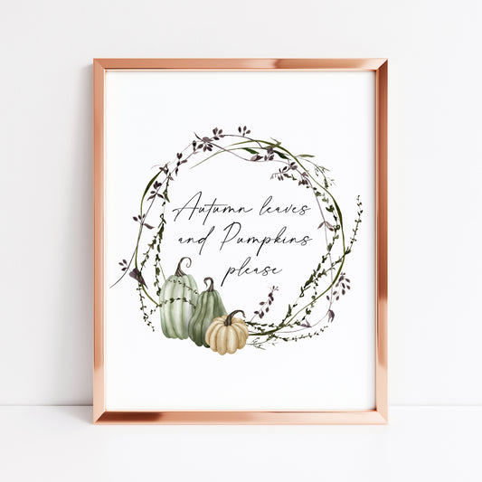 Autumn leaves and pumpkins please seasonal watercolour fall green & cream pumpkin unframed wall art poster print