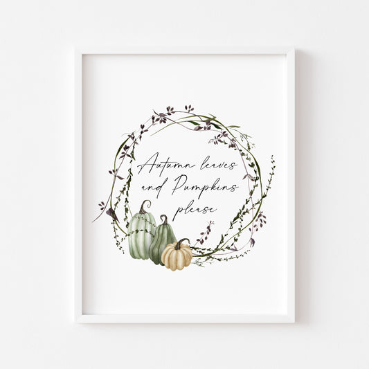 Autumn leaves and pumpkins please seasonal watercolour fall green & cream pumpkin unframed wall art poster print