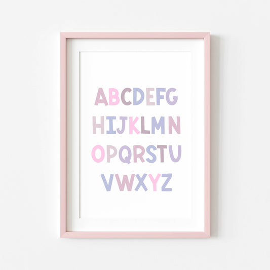 ABC print, purple pink toned kids ABC girls bedroom nursery unframed wall art poster print, nursery decor, bedroom prints, bedroom decor art