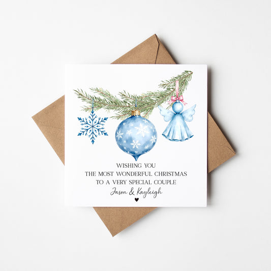 Christmas Card Festive Bauble decorations Blue Snowflake & Angel design personalised with names