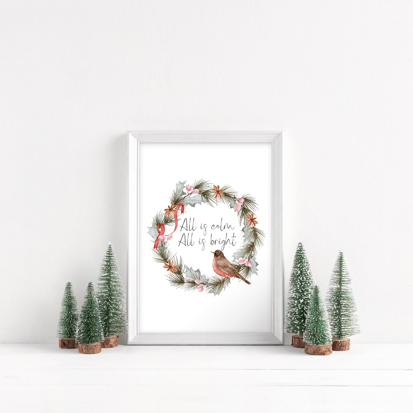 All is calm, all is bright watercolour robin red green wreath seasonal Christmas unframed wall art poster print