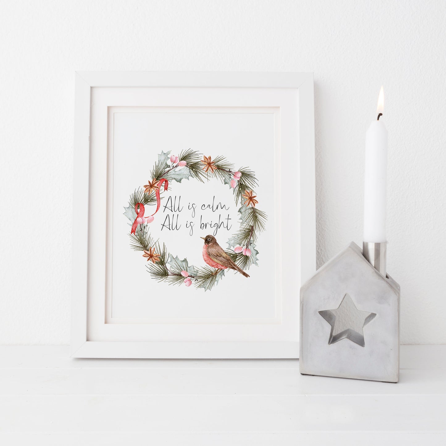 All is calm, all is bright watercolour robin red green wreath seasonal Christmas unframed wall art poster print