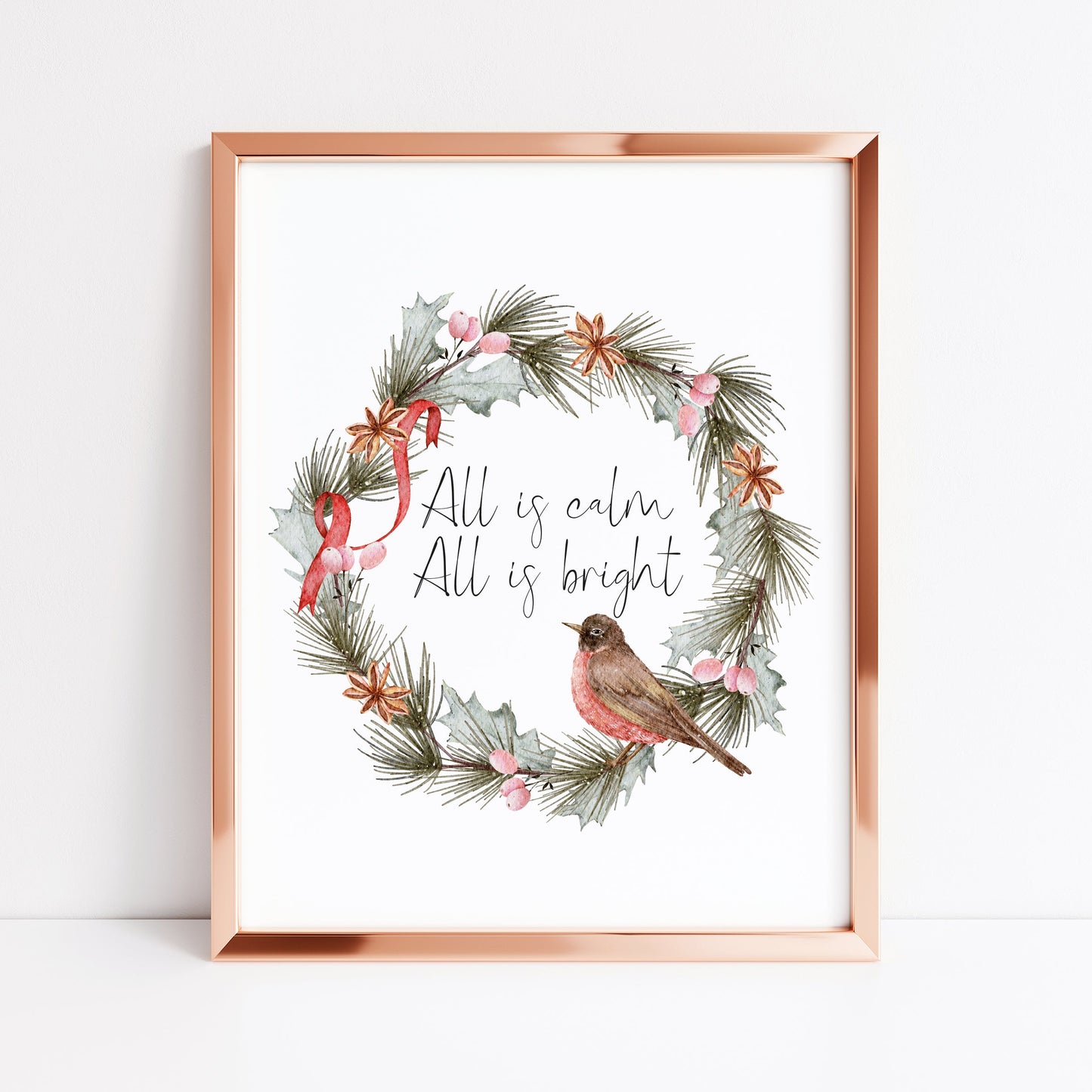 All is calm, all is bright watercolour robin red green wreath seasonal Christmas unframed wall art poster print
