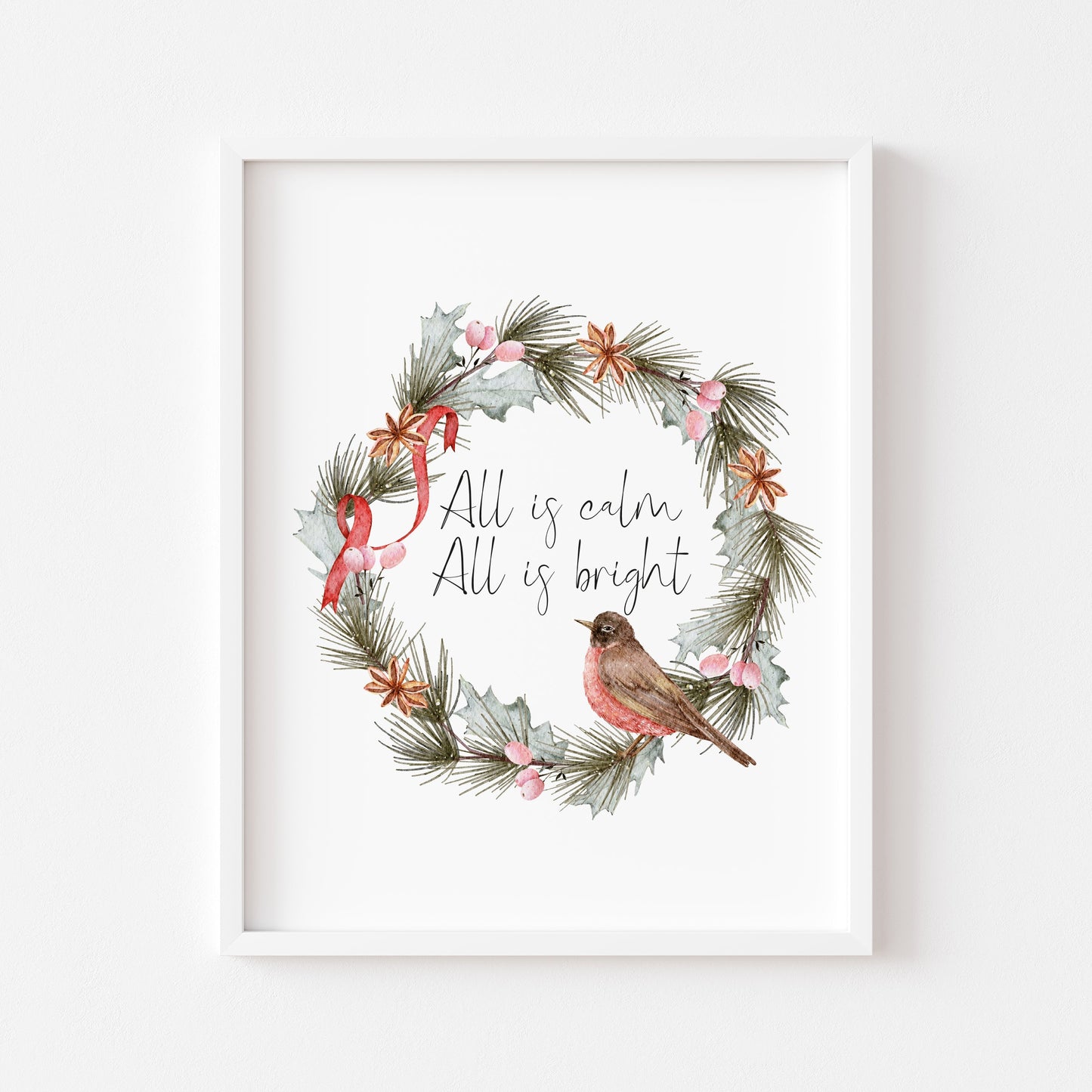 All is calm, all is bright watercolour robin red green wreath seasonal Christmas unframed wall art poster print