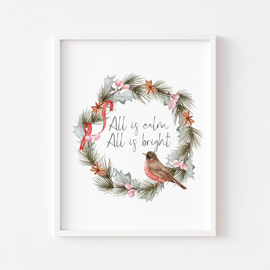 All is calm, all is bright watercolour robin red green wreath seasonal Christmas unframed wall art poster print