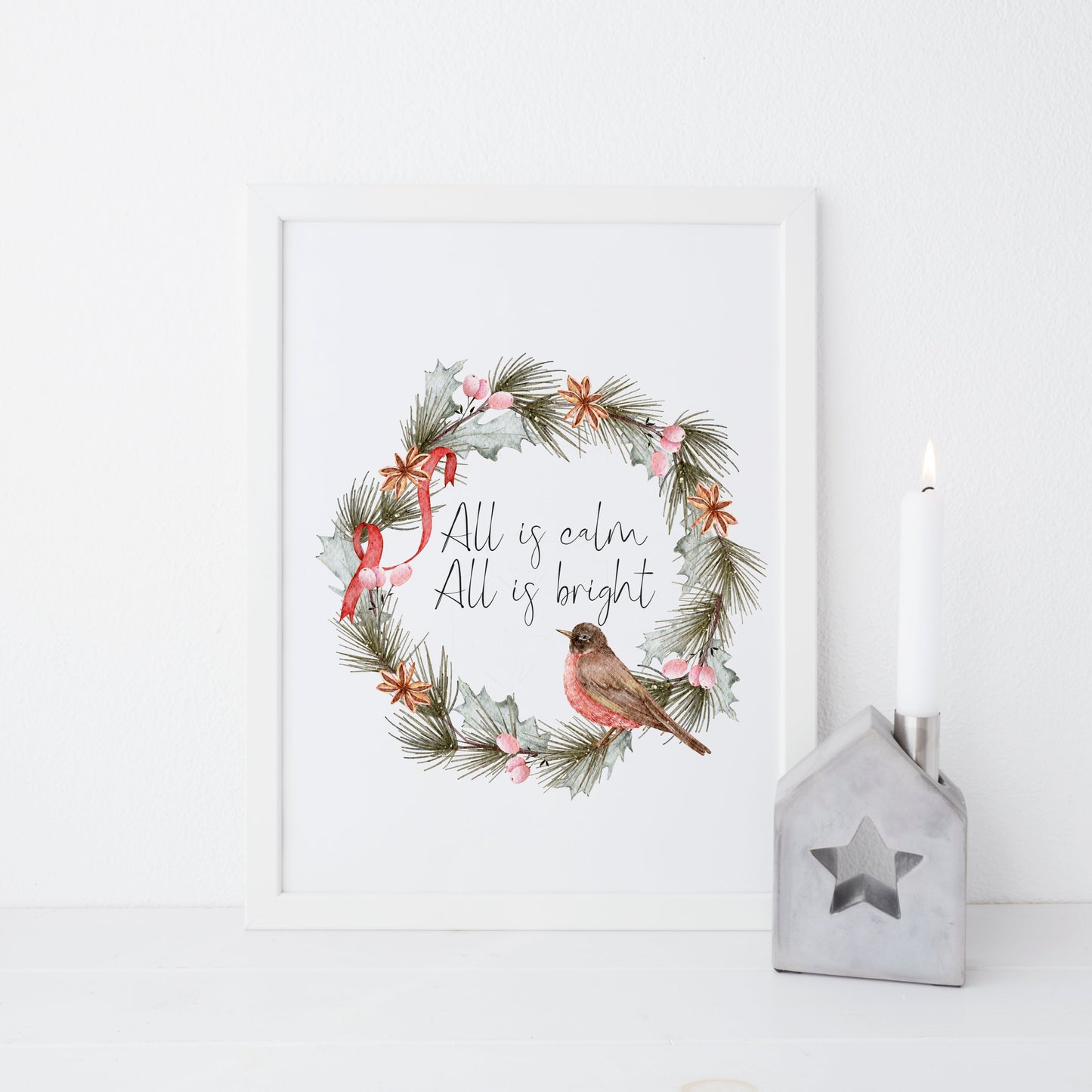 All is calm, all is bright watercolour robin red green wreath seasonal Christmas unframed wall art poster print