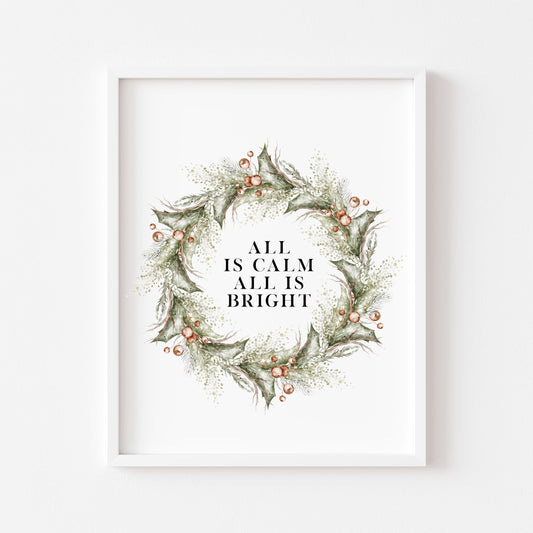 Christmas Print Watercolour Green red wreath all is calm winter Wall Art (unframed)
