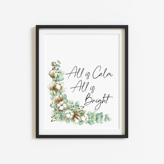 Christmas print All is calm, all is bright watercolour pinecones and cotton wreath unframed seasonal wall art poster