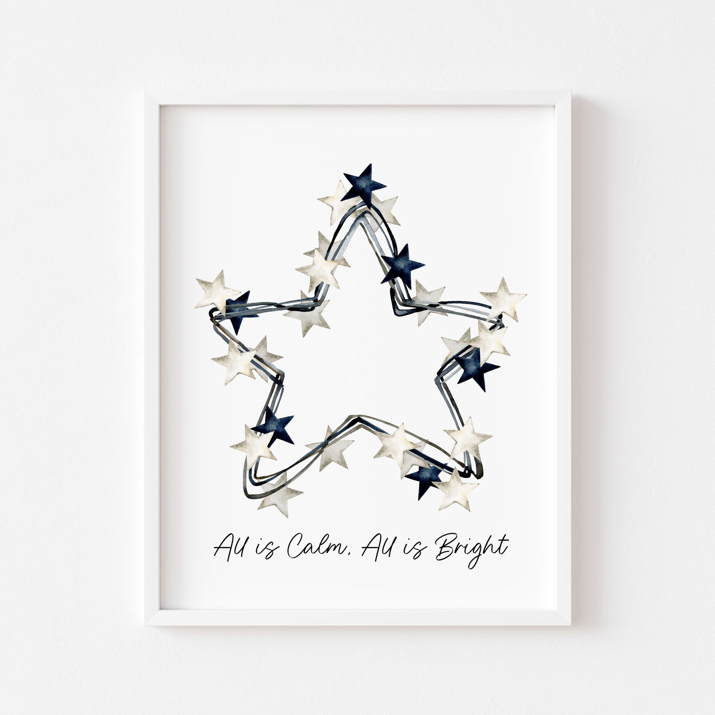 All is calm, all is Bright blue & white Christmas stars wreath watercolour winter seasonal unframed wall art poster print