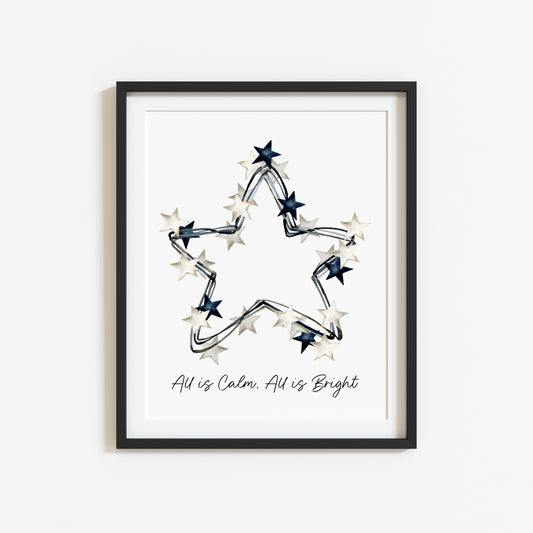 All is calm, all is Bright blue & white Christmas stars wreath watercolour winter seasonal unframed wall art poster print
