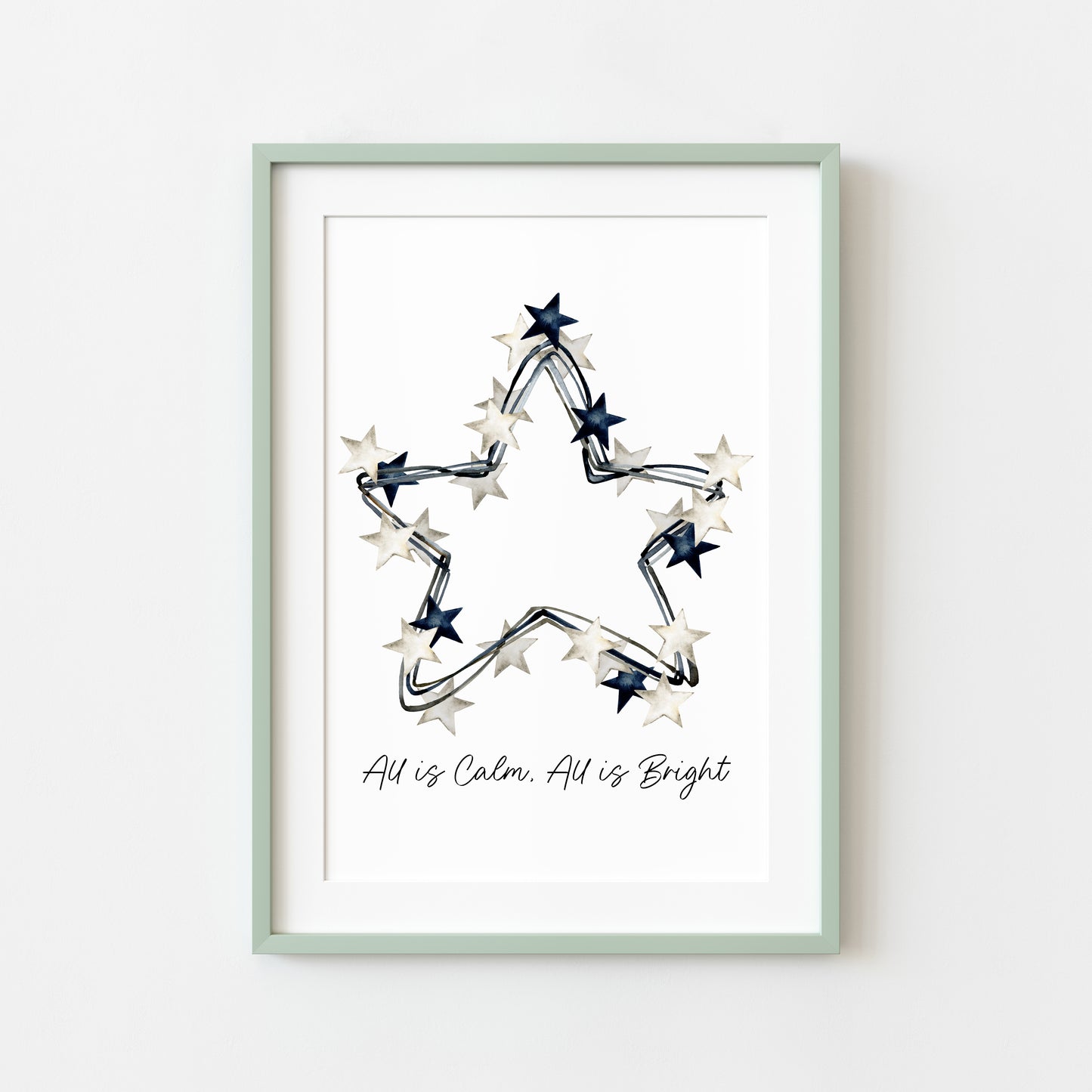 All is calm, all is Bright blue & white Christmas stars wreath watercolour winter seasonal unframed wall art poster print
