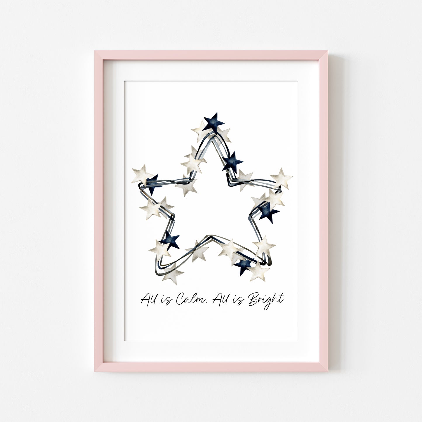 All is calm, all is Bright blue & white Christmas stars wreath watercolour winter seasonal unframed wall art poster print
