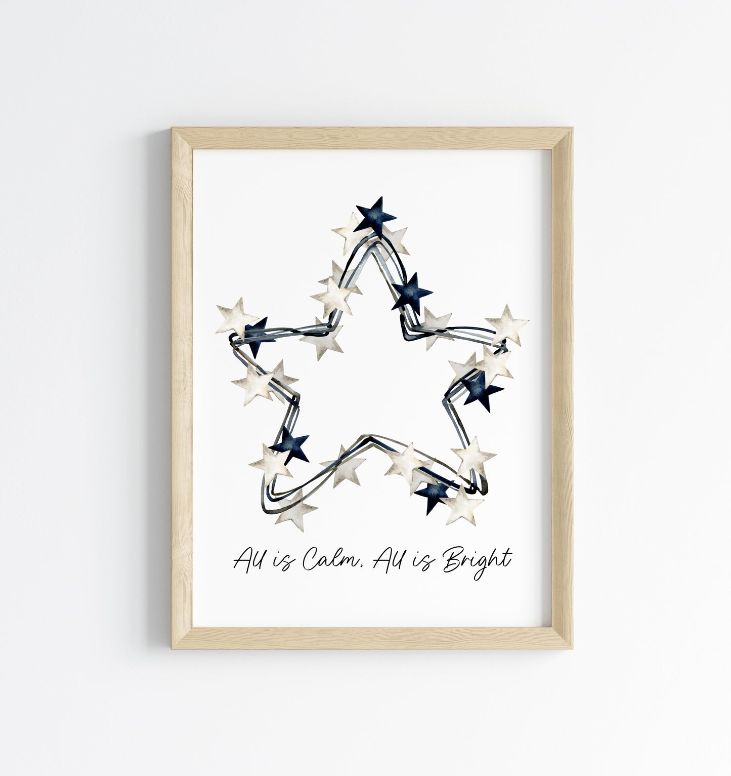 All is calm, all is Bright blue & white Christmas stars wreath watercolour winter seasonal unframed wall art poster print