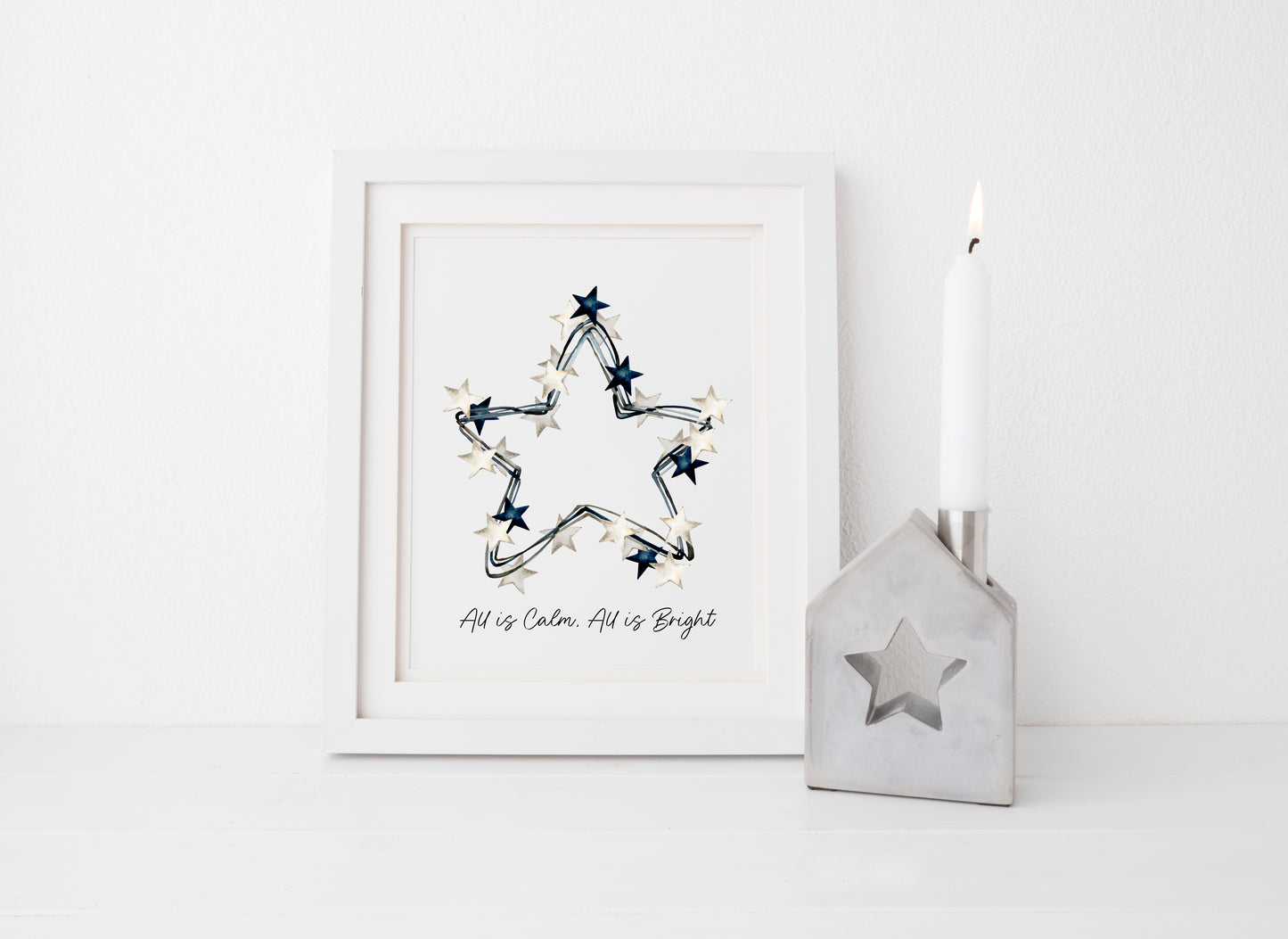 All is calm, all is Bright blue & white Christmas stars wreath watercolour winter seasonal unframed wall art poster print