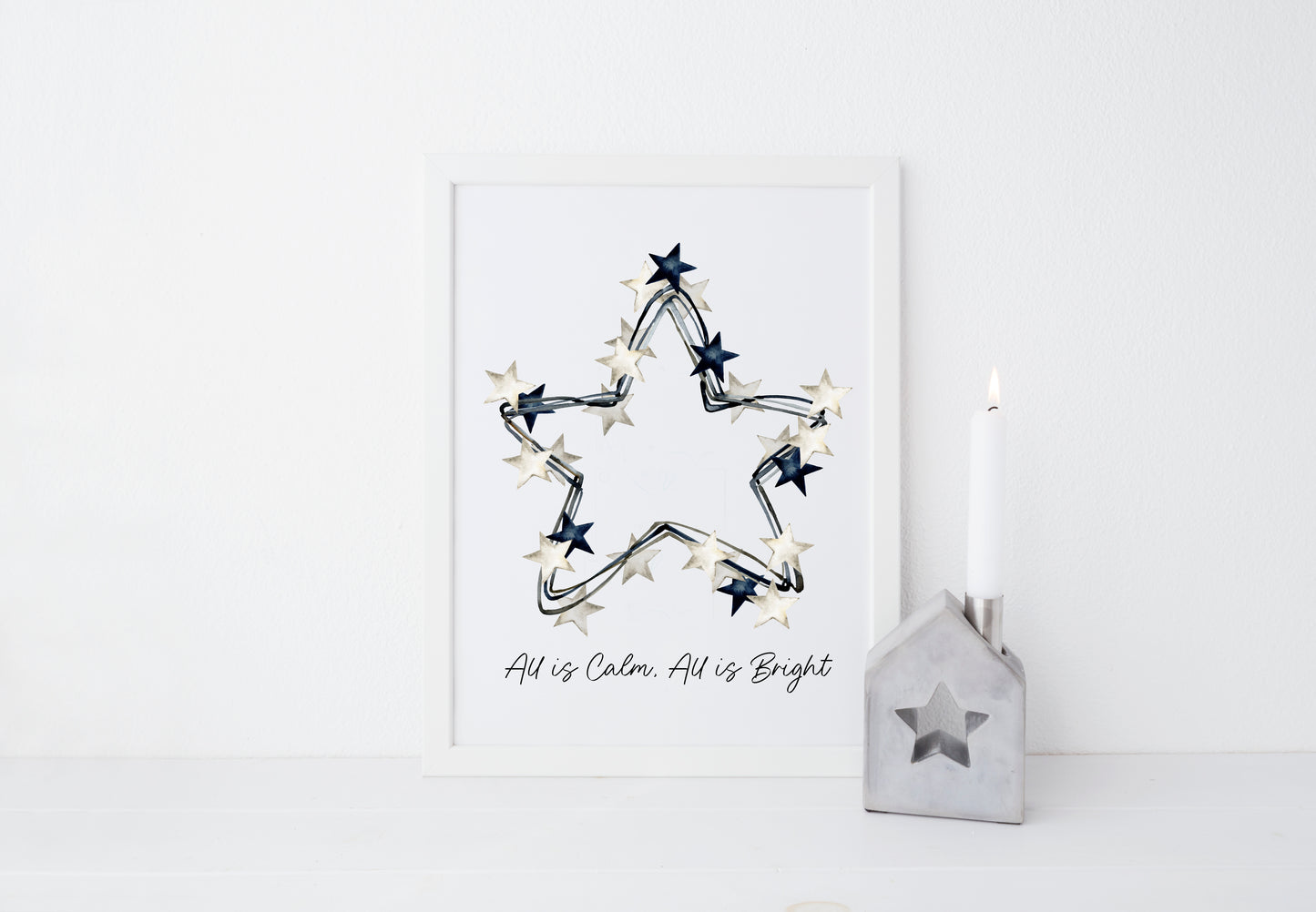 All is calm, all is Bright blue & white Christmas stars wreath watercolour winter seasonal unframed wall art poster print