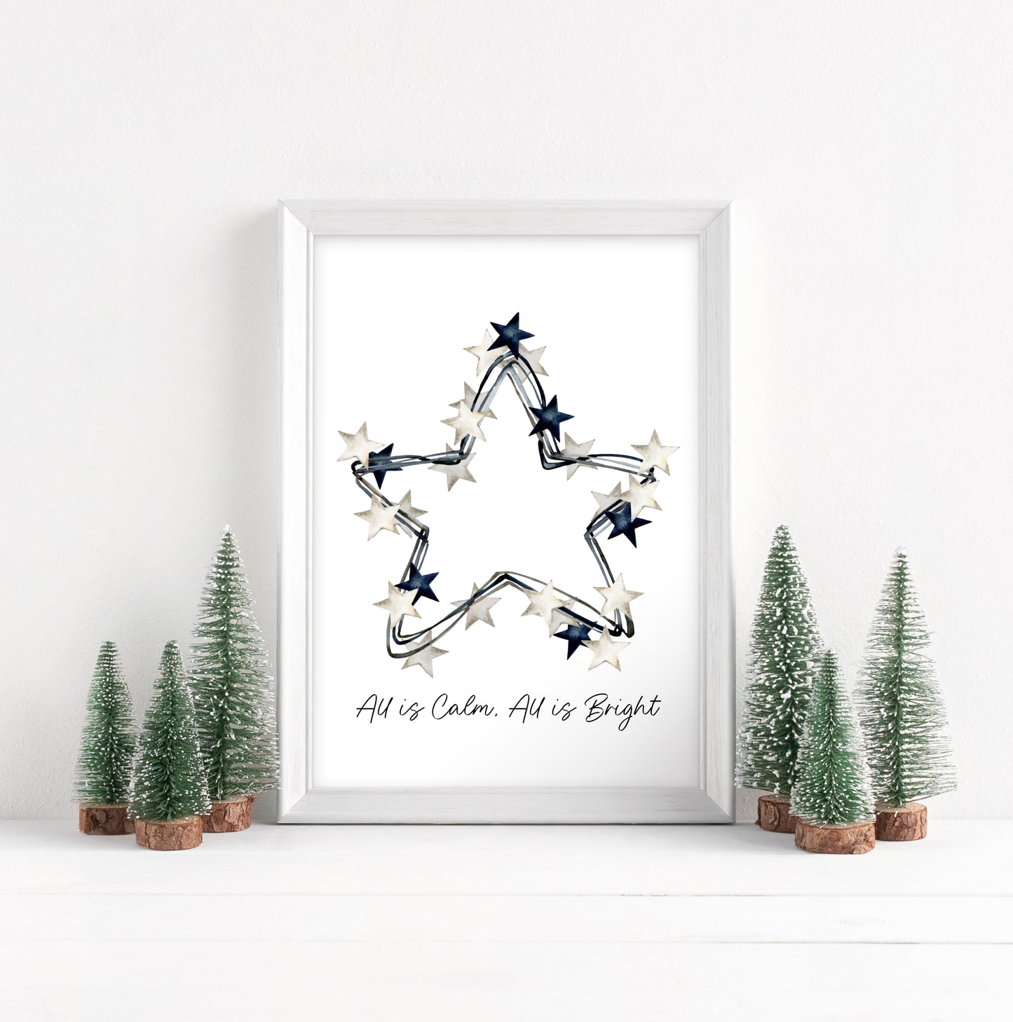All is calm, all is Bright blue & white Christmas stars wreath watercolour winter seasonal unframed wall art poster print