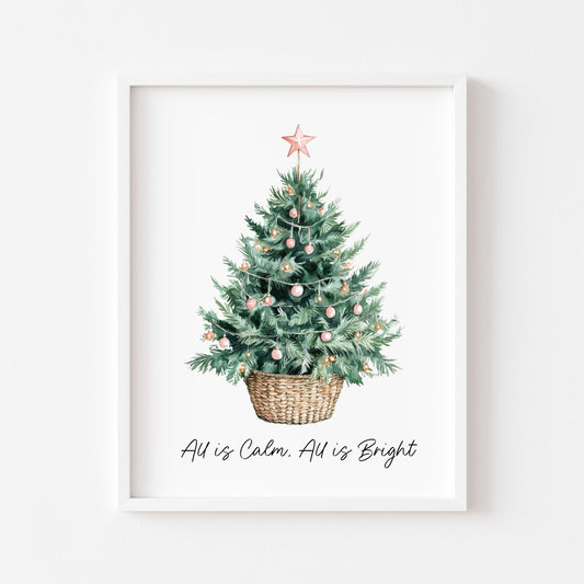 All is calm, all is Bright Christmas tree star watercolour winter seasonal unframed wall art poster print