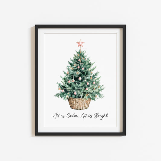 All is calm, all is Bright Christmas tree star watercolour winter seasonal unframed wall art poster print