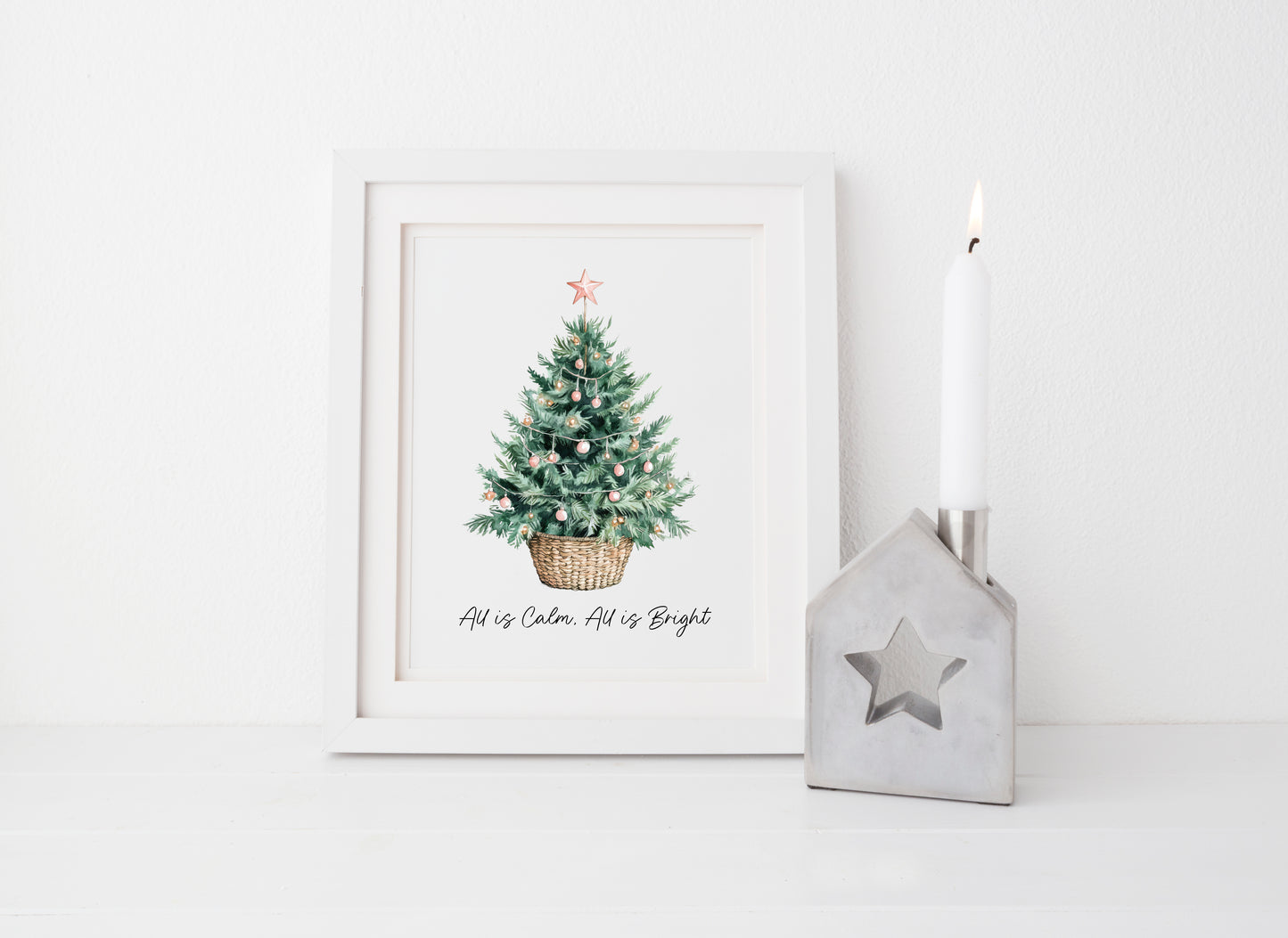 All is calm, all is Bright Christmas tree star watercolour winter seasonal unframed wall art poster print