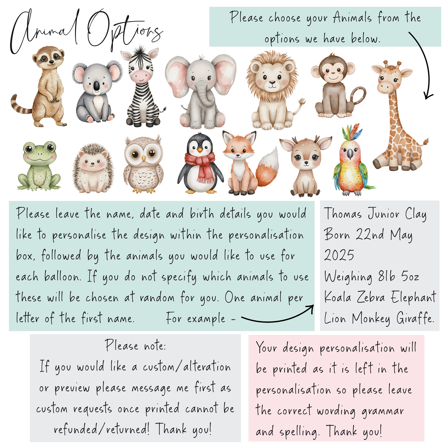 Personalised print animal themed green balloons name print safari animals kids nursery birth weight name date unframed wall art poster print