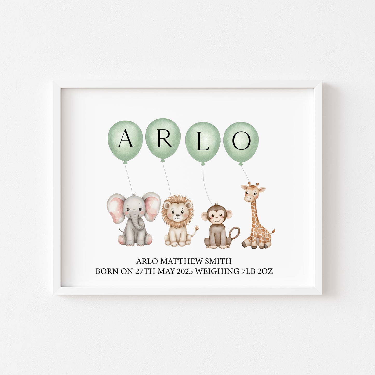 Personalised print animal themed green balloons name print safari animals kids nursery birth weight name date unframed wall art poster print