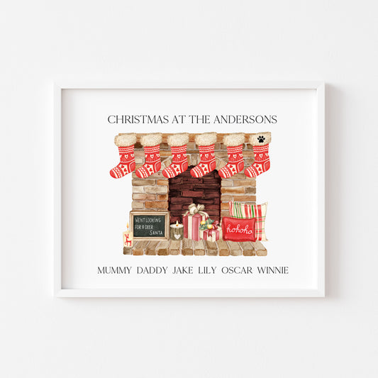 Personalised Christmas stocking family print red fireplace stockings unframed wall art poster print