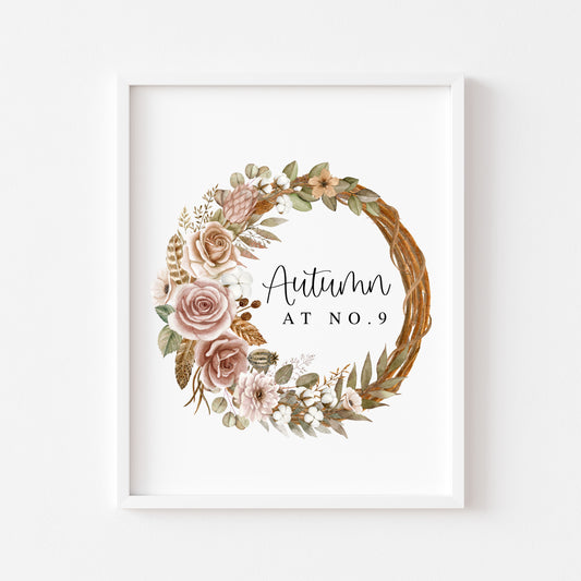 Fall Wreath Print Personalised Autumn at no. botanical Watercolour seasonal unframed art