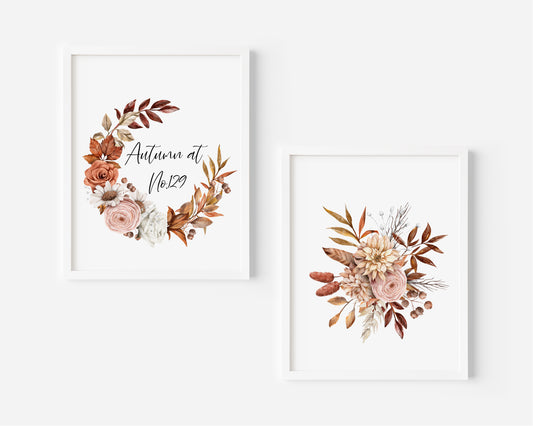 Set of 2 prints, Autumn Vibes at no. floral bouquet watercolour seasonal unframed wall art poster print