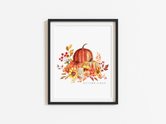 Autumn Vibes watercolour sunflower and pumpkins bouquet seasonal unframed wall art poster print