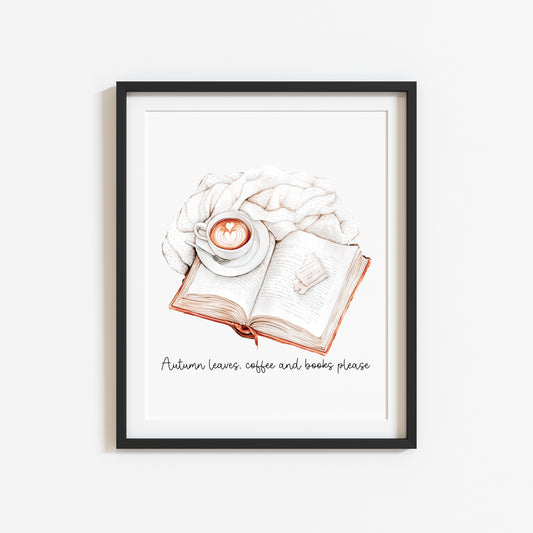 Autumn leaves, coffee & books please beige neutral cosy autumn watercolour unframed wall art poster print