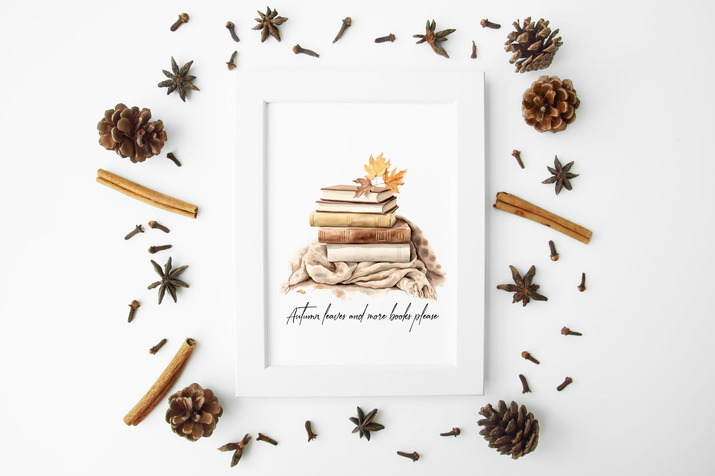 Autumn leaves and more books please, autumnal watercolour cosy jumpers & books fall seasonal unframed wall art poster print