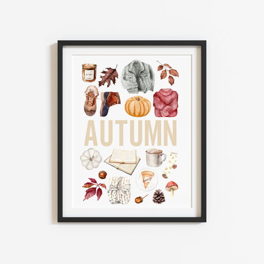 Autumn print, Autumn orange red watercolour autumn favourites seasonal unframed wall art poster print