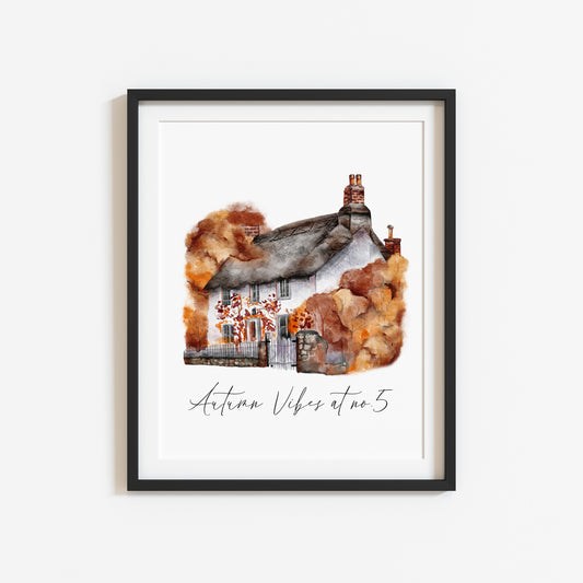 Autumn vibes at no. personalised watercolour autumnal cottage home unframed wall art poster print