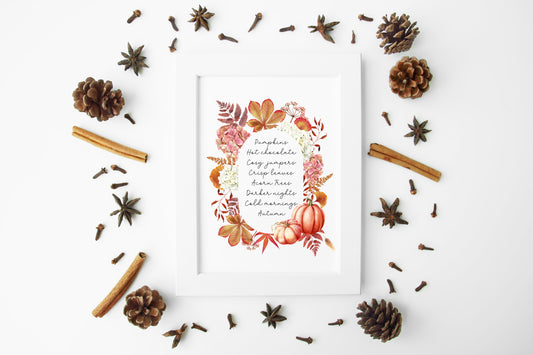 Autumn print, autumn description watercolour floral pumpkin wreath unframed wall art poster print