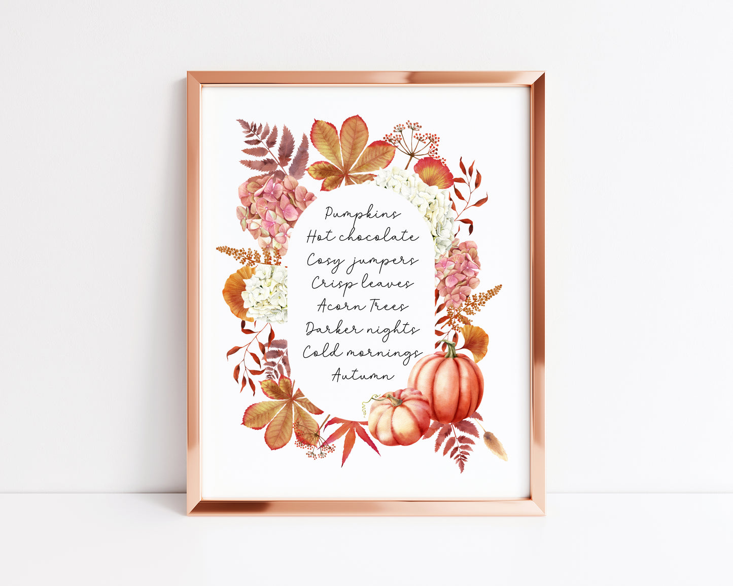 Autumn print, autumn description watercolour floral pumpkin wreath unframed wall art poster print