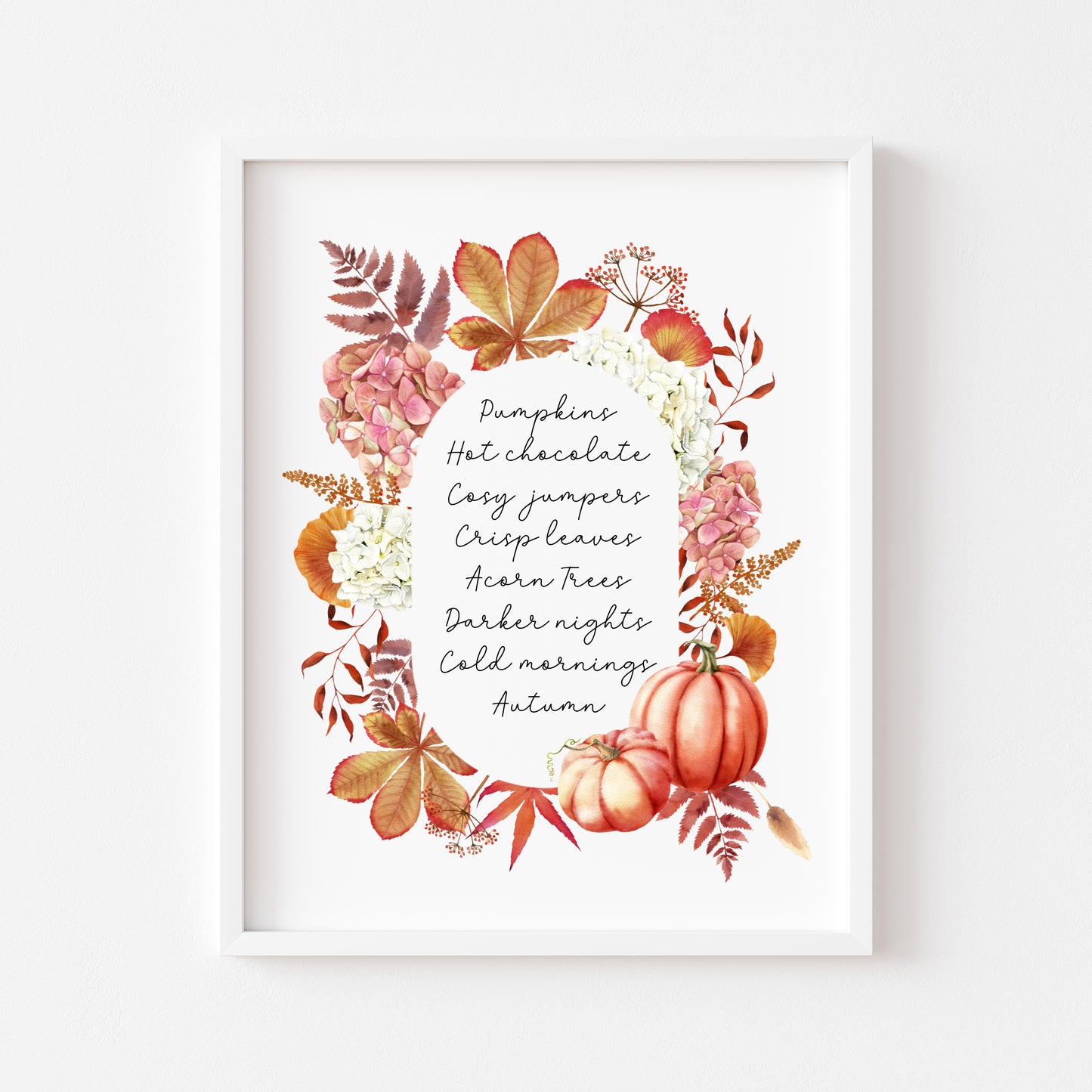 Autumn print, autumn description watercolour floral pumpkin wreath unframed wall art poster print