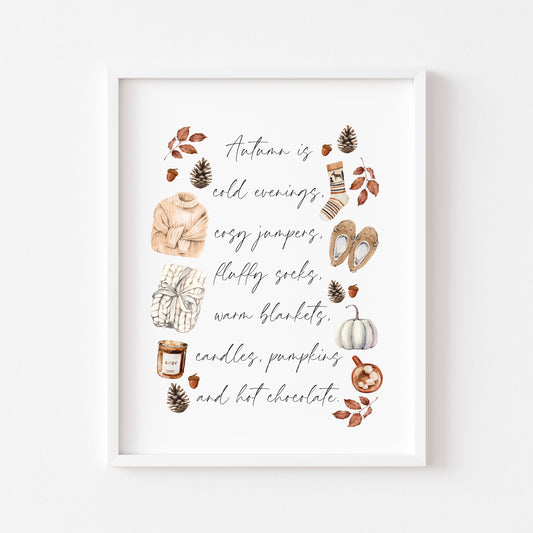 Autumn print, Autumn favourites watercolour autumn favourites unframed wall art poster print