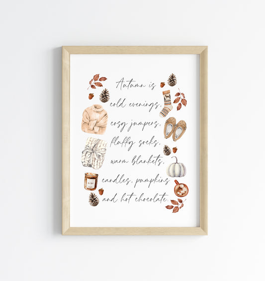 Autumn print, Autumn favourites watercolour autumn favourites unframed wall art poster print
