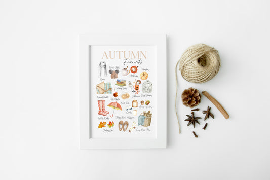 Autumn favourites, watercolour illustrations autumn essentials seasonal fall unframed wall art poster print