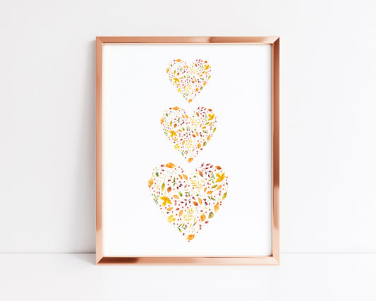 Autumn hearts, heart trio autumn watercolour seasonal fall unframed wall art poster print