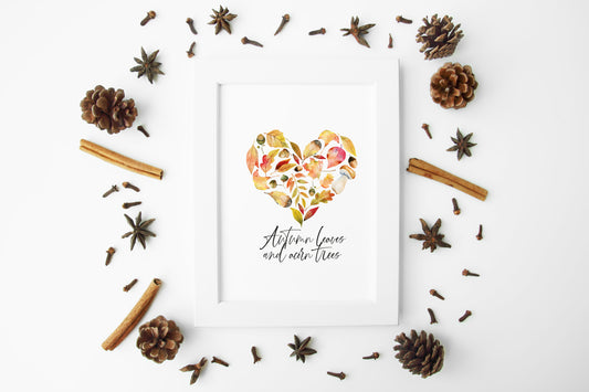 Autumn leaves and acorn trees autumn watercolour heart seasonal unframed wall art poster print