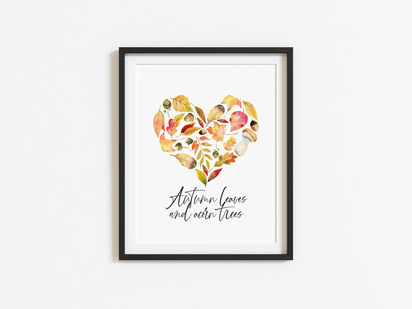 Autumn leaves and acorn trees autumn watercolour heart seasonal unframed wall art poster print