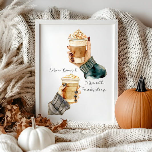 Autumn Coffee and Friends watercolour Art Print Cosy Beige Fall Decor unframed wall art poster