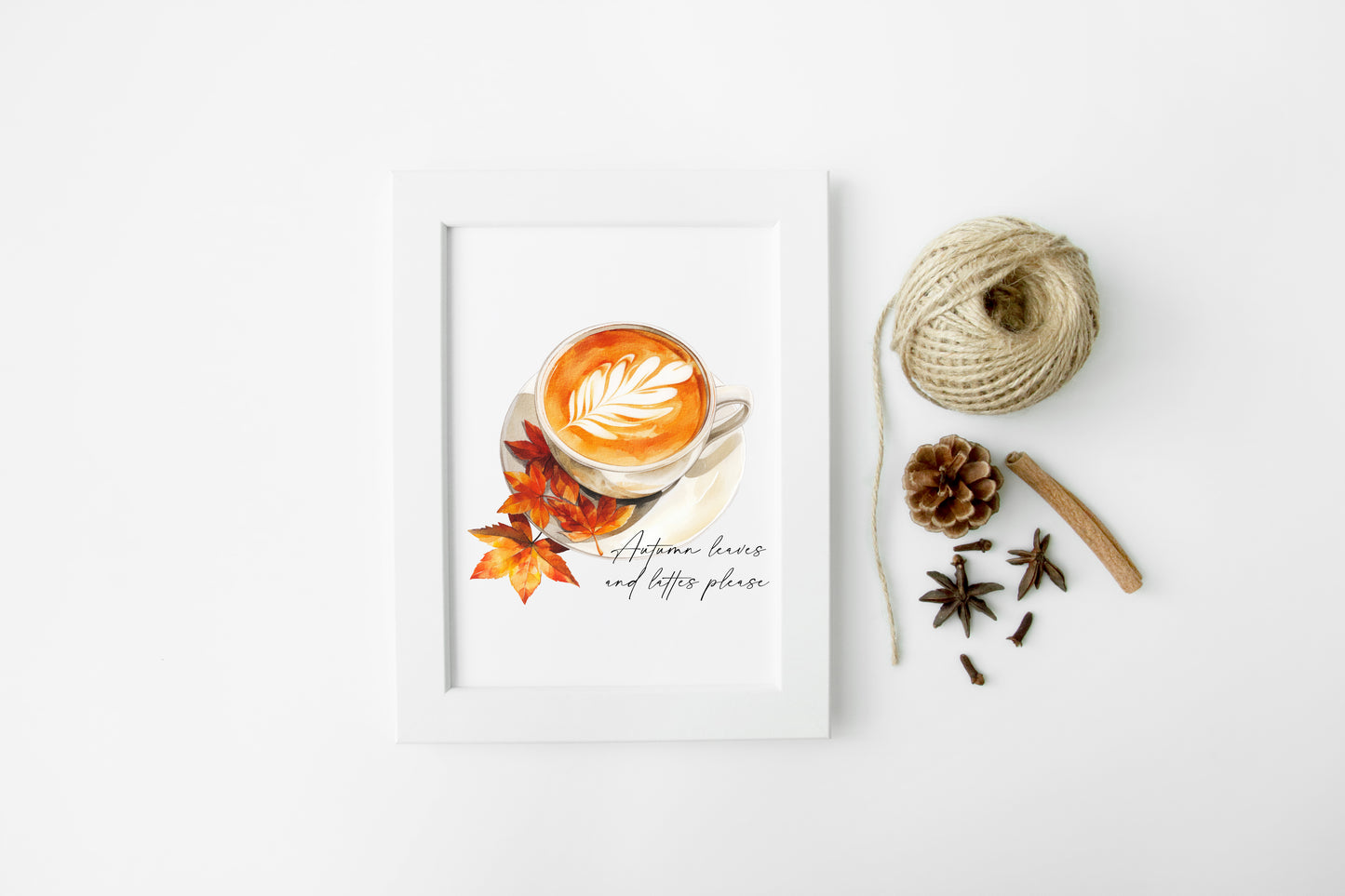 Autumn leaves and lattes please, autumnal watercolour pumpkin spice latte coffee fall seasonal unframed wall art poster print