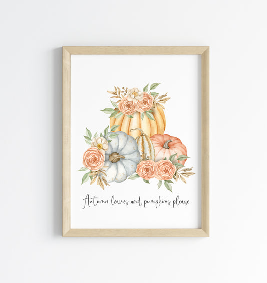 Autumn leaves and pumpkins please floral orange blue pumpkin watercolour seasonal home unframed wall art poster print
