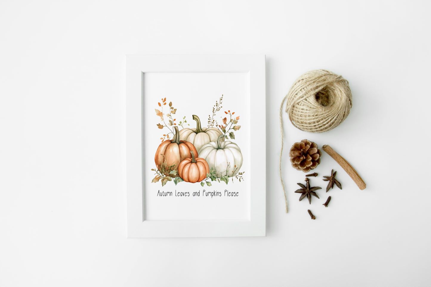 Autumn leaves & pumpkins please orange green seasonal fall watercolour bouquet unframed wall art poster print