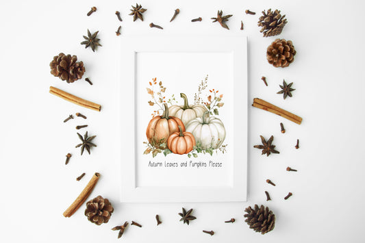 Autumn leaves & pumpkins please orange green seasonal fall watercolour bouquet unframed wall art poster print