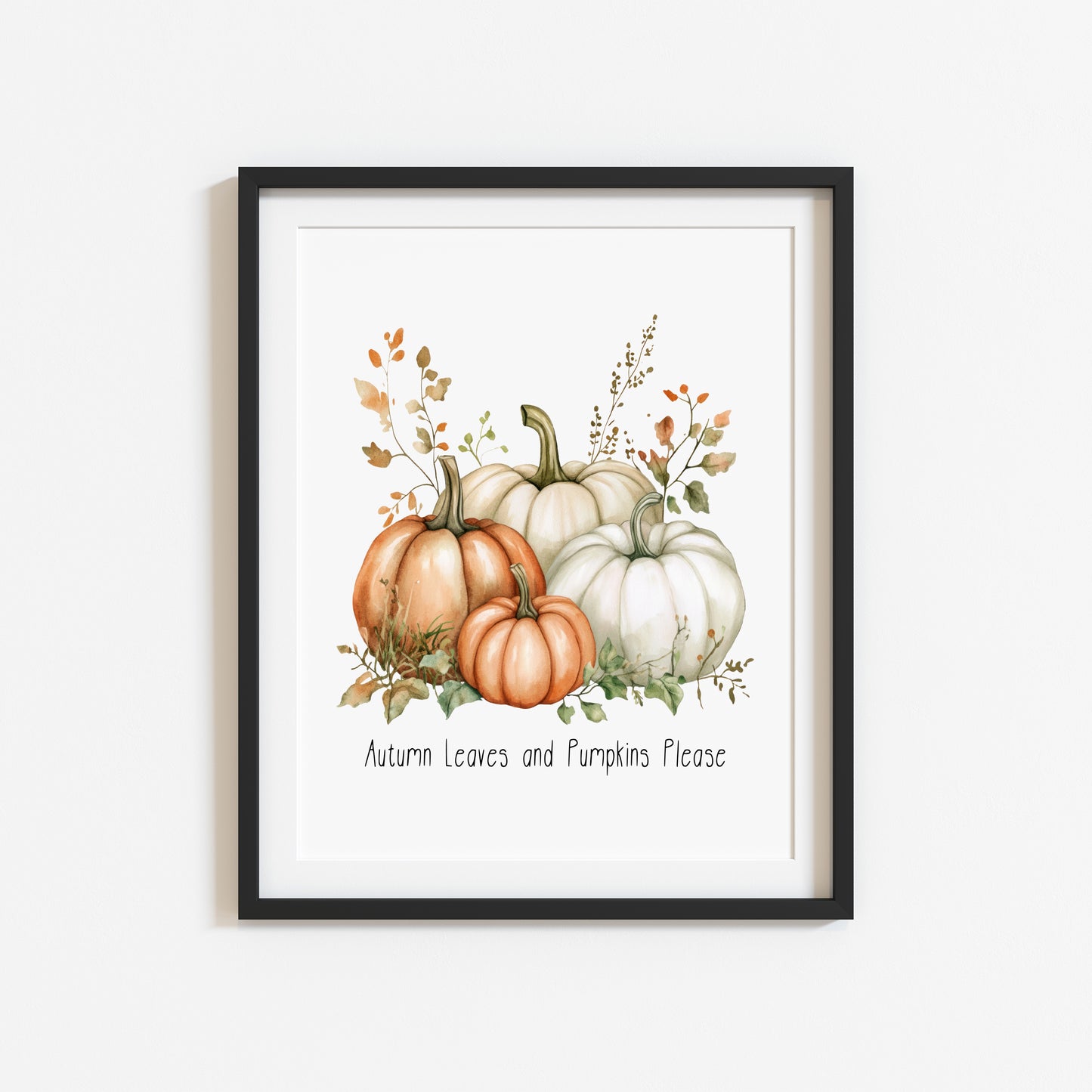 Autumn leaves & pumpkins please orange green seasonal fall watercolour bouquet unframed wall art poster print